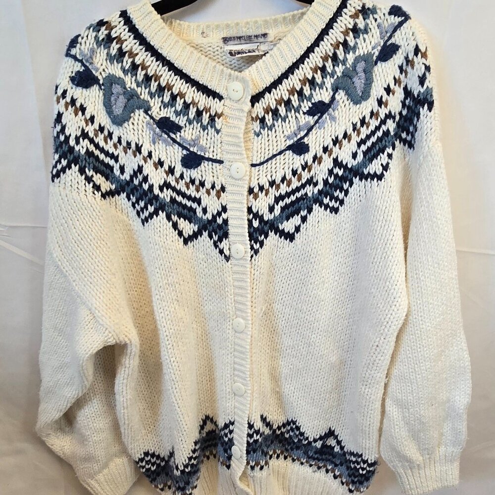Backroad Blues Cardigan, Size 22W, Hand Knitted, White W/ Blue